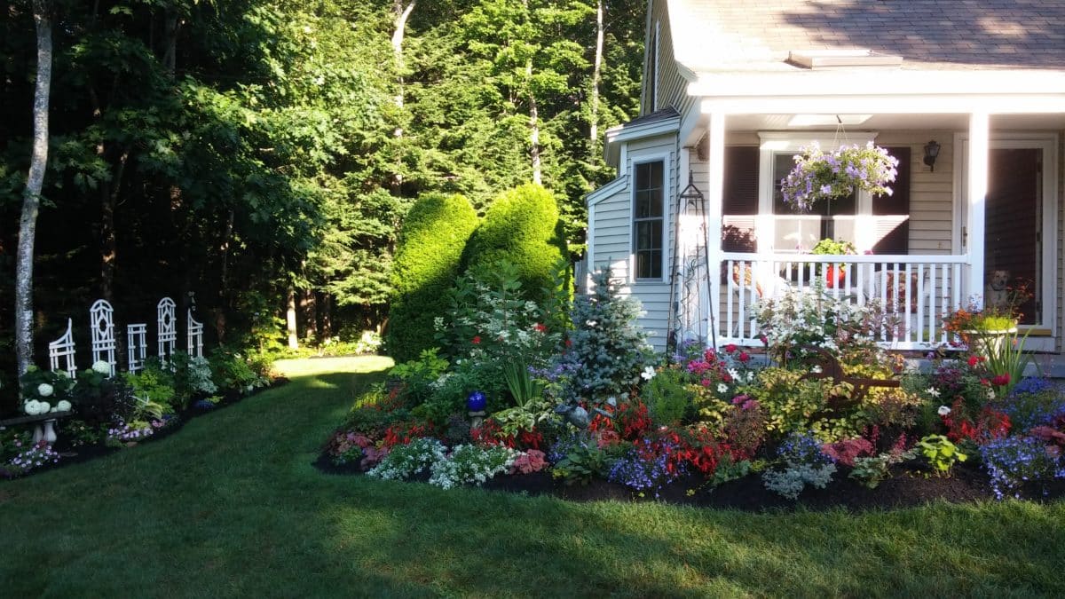 A picturesque garden outside a condominium with various colorful flowers and plants.
