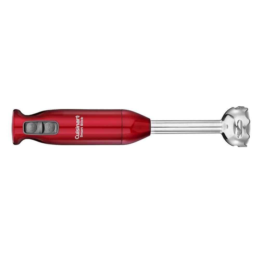 Red Cuisinart Smart Stick immersion blender with silver blade.