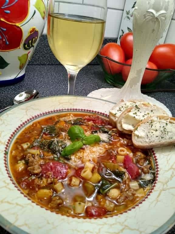 Minestrone with a glass of white wine